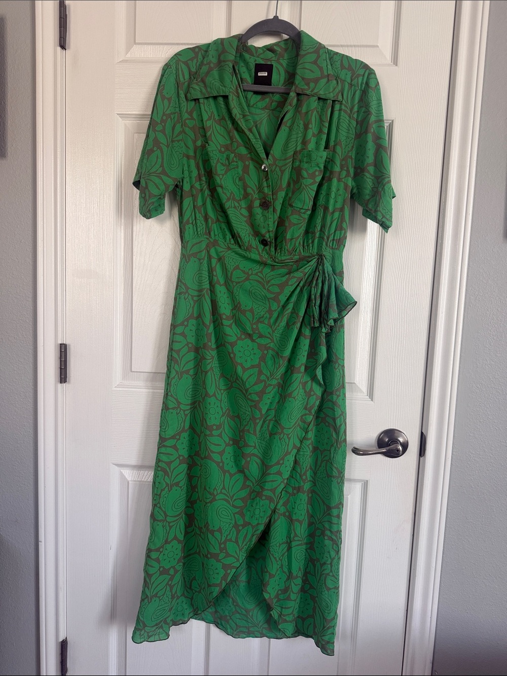 Anna Sui Bird of Paradise Green Wrap Midi Shirt Dress Style 222A70 Size 6